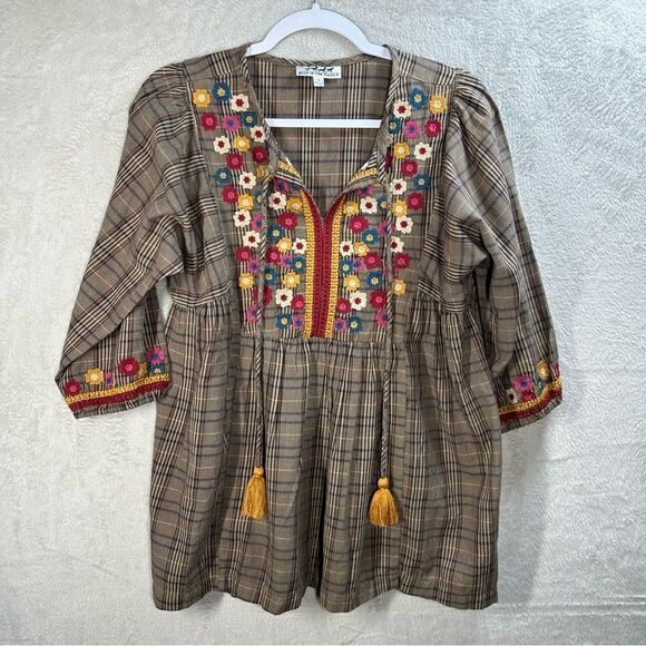 Back In The Saddle Brown Plaid Floral Embroidered Tunic Boho Hippie Western Sz S - Picture 1 of 8